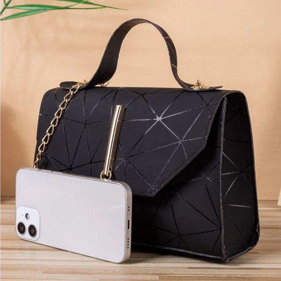 Black Geometric with Gold Tassel Chain Square Bag - Picture 3 of 6